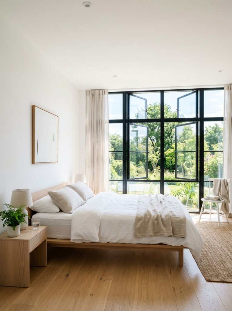 White minimalist bedroom with large windows maximum natural light clean white walls reflecting light everywhere space filled with brightness light itself as decoration