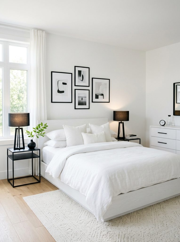 Modern white bedroom with crisp white walls clean lined bed frame white bedding black bedside lamp black picture frames black hardware dark accents creating definition and sophistication