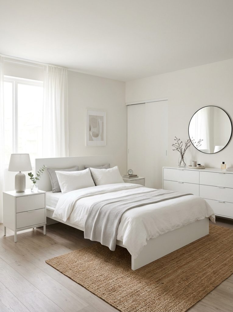 Modern white bedroom with straight edge smooth surface simple silhouette furniture clean lined white bed frame simple nightstands smooth dresser fronts modern simplicity looks expensive