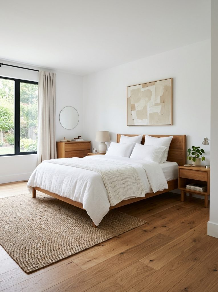 Modern white bedroom with crisp white walls and warm natural wood flooring contrast between white walls and warm wood floor balanced sophisticated white bed white bedding above