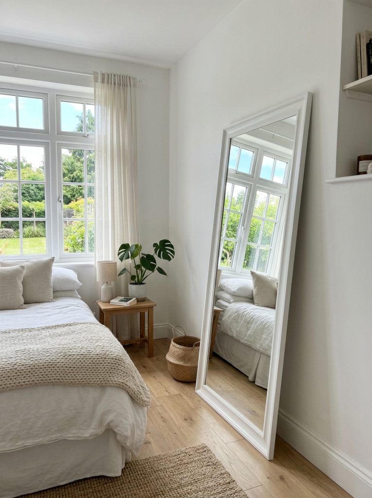 Small white bedroom with full length white frame mirror leaning opposite window reflecting natural light room appears twice as large open and bright
