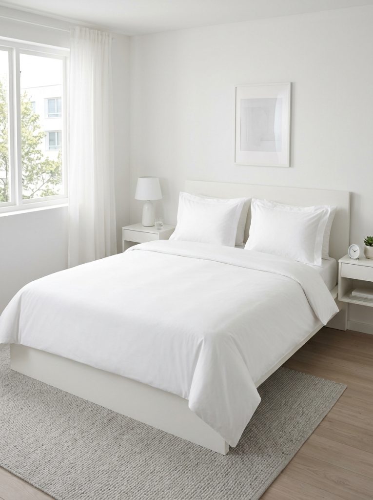 Modern white bedroom with perfectly structured white bedding duvet pulled taut neat two pillows symmetrically placed crisp hotel-like clean precise modern styling