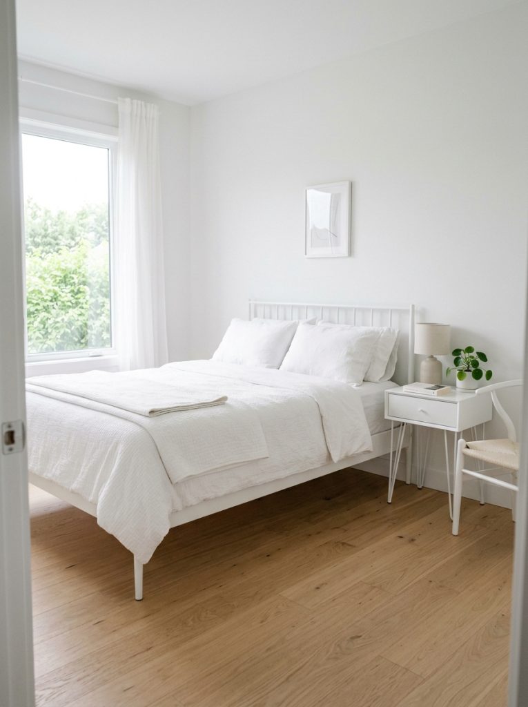 Small white bedroom with white bed frame nightstands and chair all having slim visible legs floor visible underneath each piece visual transparency makes room less crowded and more airy