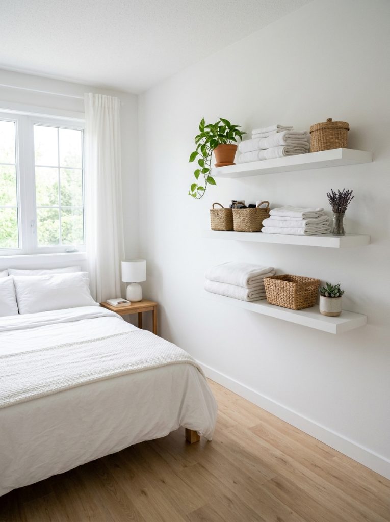  Small white bedroom with white floating shelves on wall instead of floor dresser holding folded items baskets plant floor completely clear open and organized