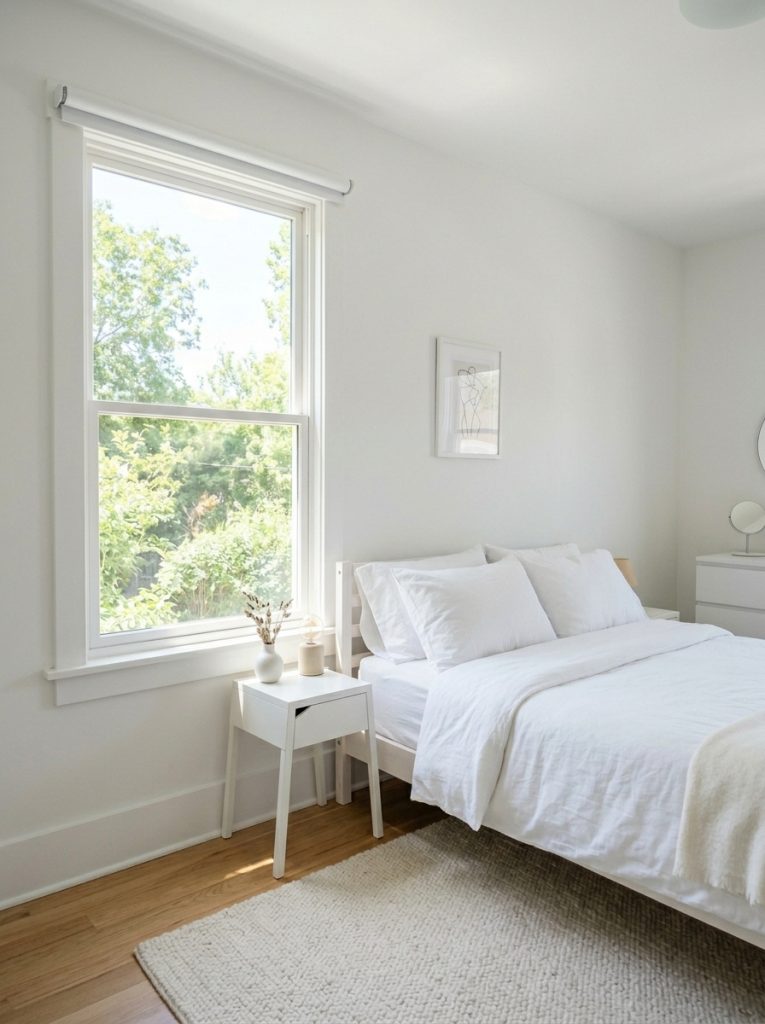 Small white bedroom with clean simple white roller shade raised fully during day maximum natural light minimal and unobtrusive white walls white bedding open and uncluttered