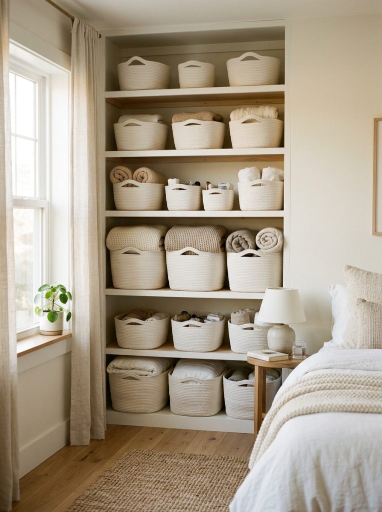 Warm white bedroom with open shelving holding white woven storage baskets in varying sizes woven texture adding natural warmth to white shelves