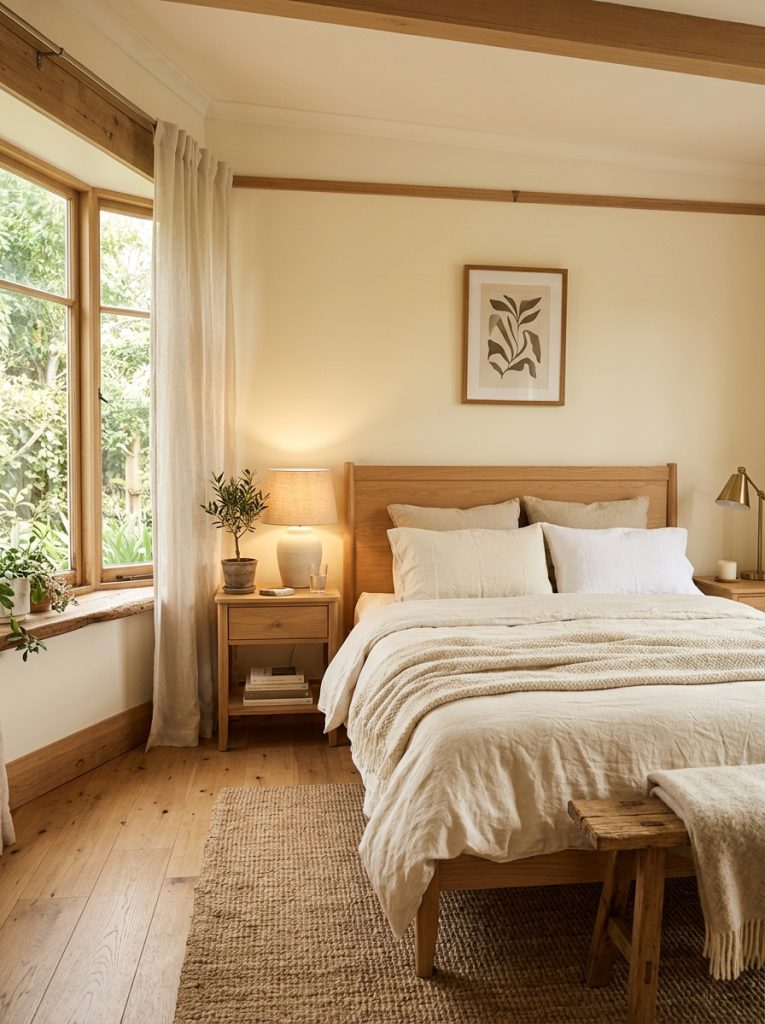 White bedroom painted in warm cream-toned white subtle yellow undertones walls glowing softly in natural light feeling warm and inviting not stark white linen bedding natural wood