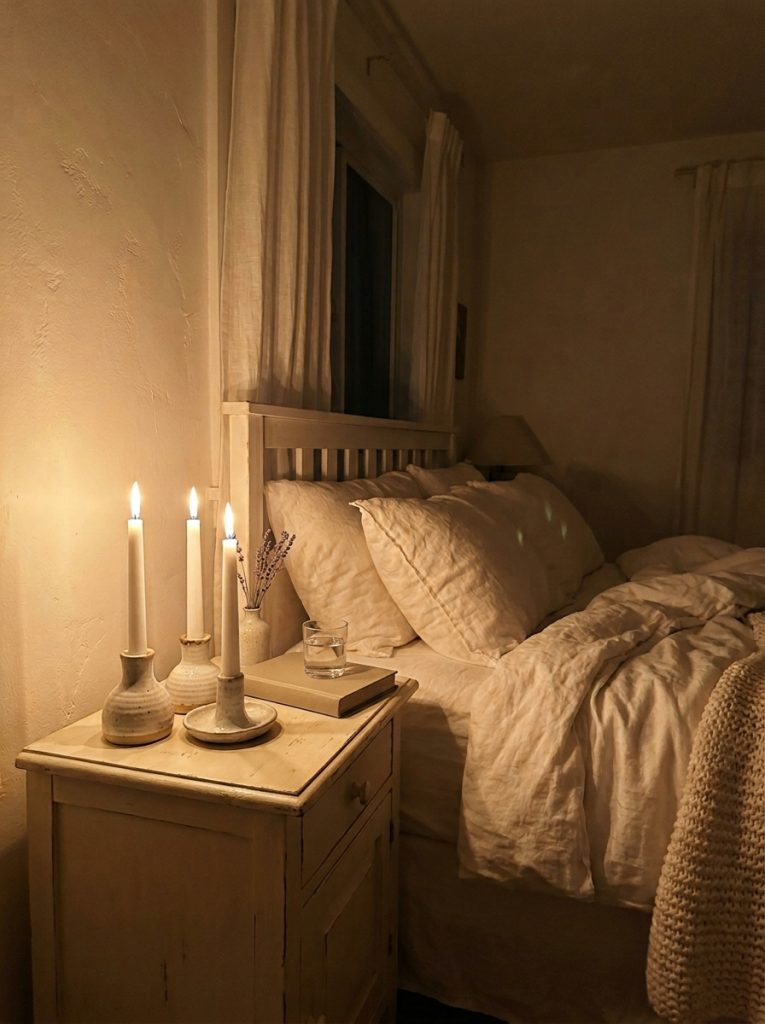 Cozy white bedroom with two three white candles in ceramic holders on nightstand warm flickering candlelight romantic intimate glow against white walls white linen bedding deeply warm