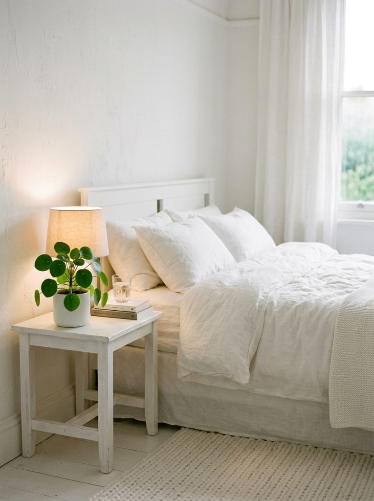 Cozy white bedroom with one small green plant on nightstand vivid green leaves standing out against white walls and white bedding adding life and warmth