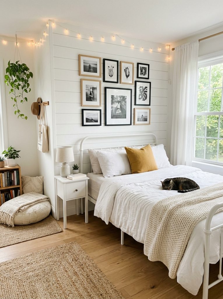White bedroom for teens with white walls white bed frame gallery wall of black and white prints string lights one bold accent pillow cozy reading nook floor cushion personal and stylish not chaotic