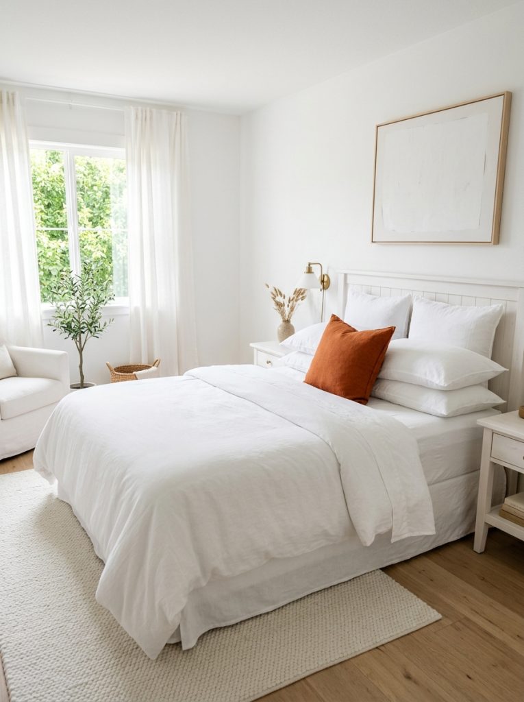 Primarily white bedroom with one deliberate pop of color terracotta or sage green or dusty blue accent pillow on all-white bedding single color standing out against white backdrop focal point not overwhelming