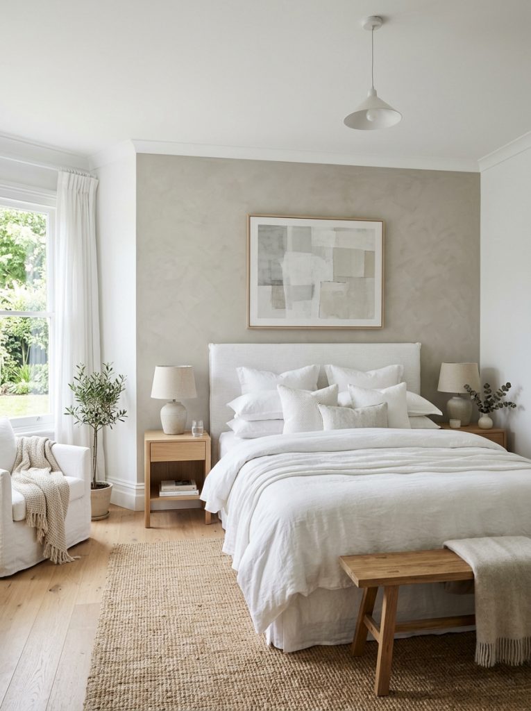 White bedroom with one soft muted accent wall behind bed in soft grey warm greige or subtle sage rest of walls crisp white accent wall creating depth and focal point without breaking white palette