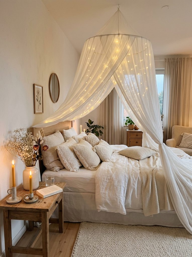 Dreamy romantic white bedroom with sheer white bed canopy from ceiling white linen bedding cream and white pillows candles ceramic holders dried white flowers fairy lights in canopy beautiful romantic sanctuary