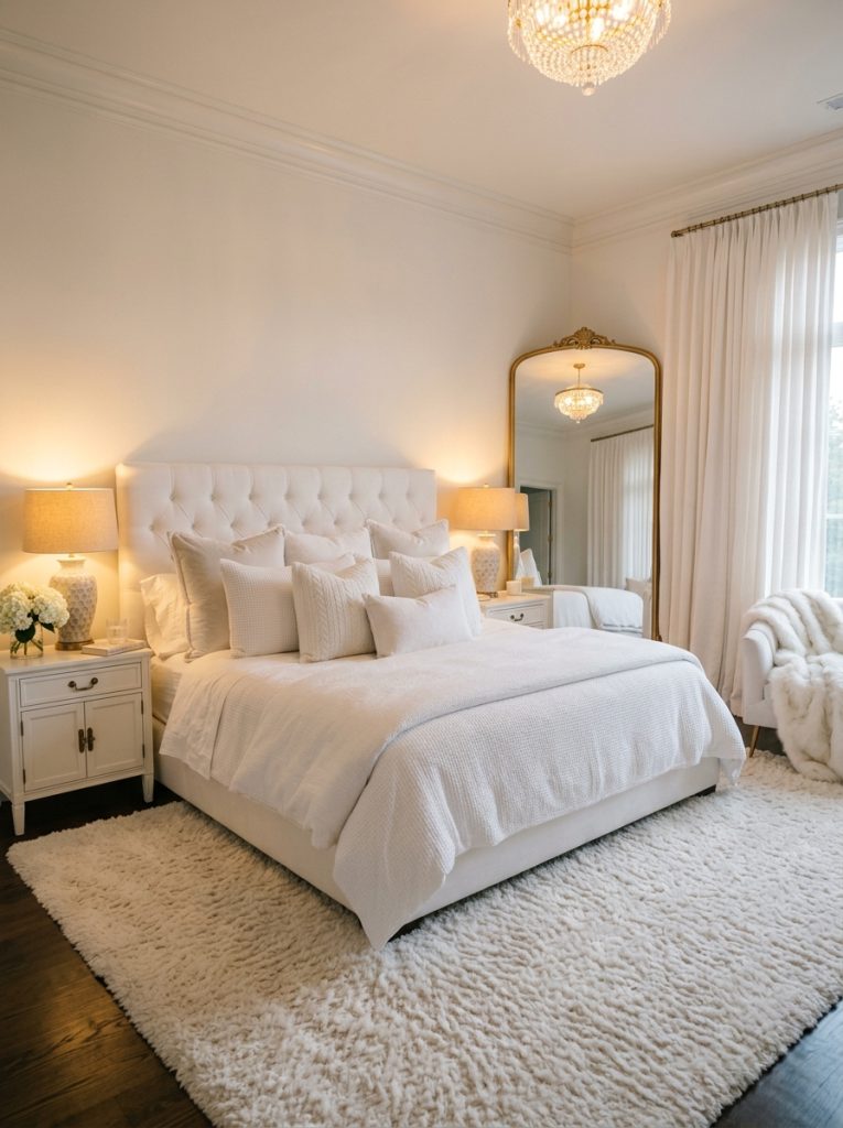 Luxurious white bedroom with plush hotel quality white bedding multiple textured pillows thick white area rug white upholstered headboard soft cascading curtains warm table lamps large mirror expensive serene and deeply indulgent