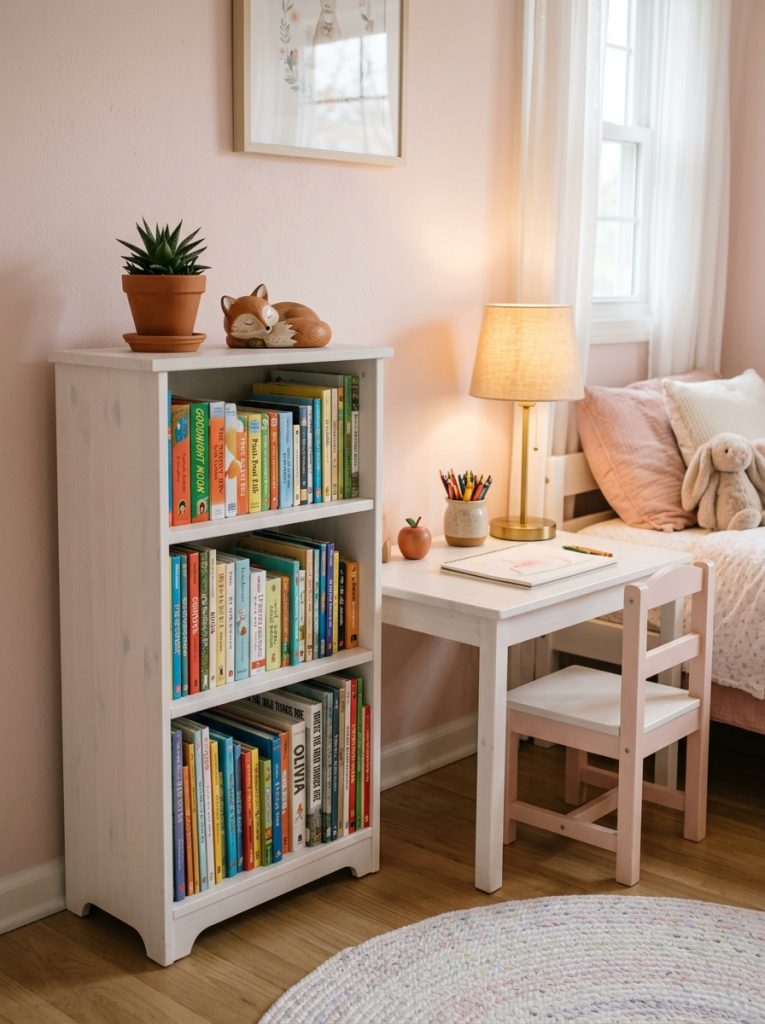 Small white bookshelf beside a kids desk organized with colorful books small plant and decorative items in a pastel bedroom