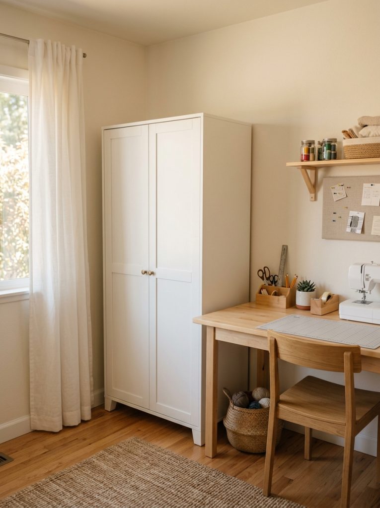 White craft room storage cabinet with closed doors in a small craft room corner creating a clean uncluttered organized appearance