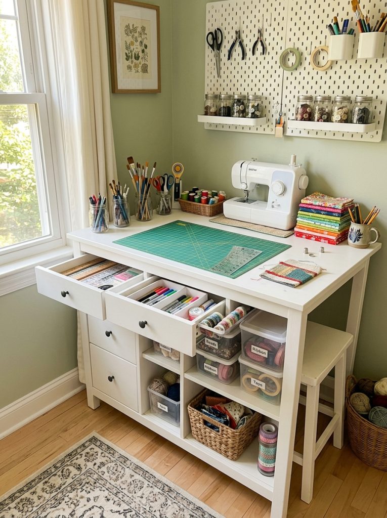 Compact white craft table with built-in storage drawers in a small bright craft room corner with organized supplies