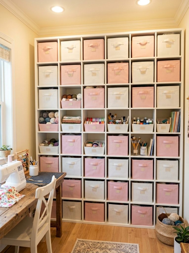 Floor to ceiling white cube storage unit with pink and white fabric bins organized by category filling a small craft room wall