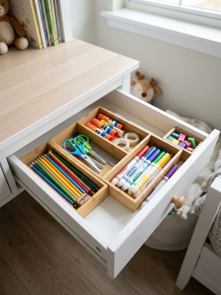 Kids desk drawer with bamboo organizers neatly separating pencils scissors glue sticks and art supplies into sections