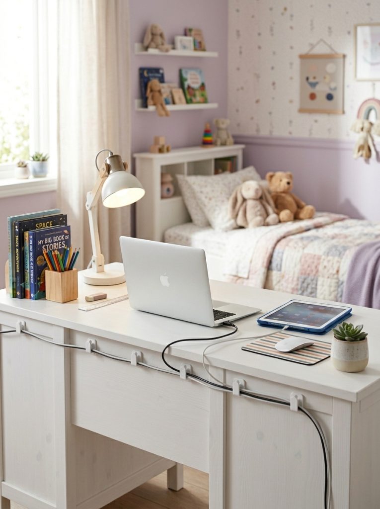 Kids desk with cables neatly clipped and managed along the back edge keeping the desk surface clean and completely organized