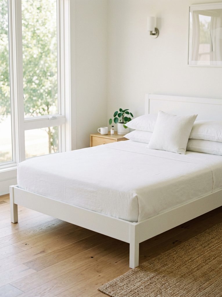 White minimalist bed with just two sleeping pillows and one styling pillow clean flat white linen bedding simplicity looking more expensive than elaborate styling
