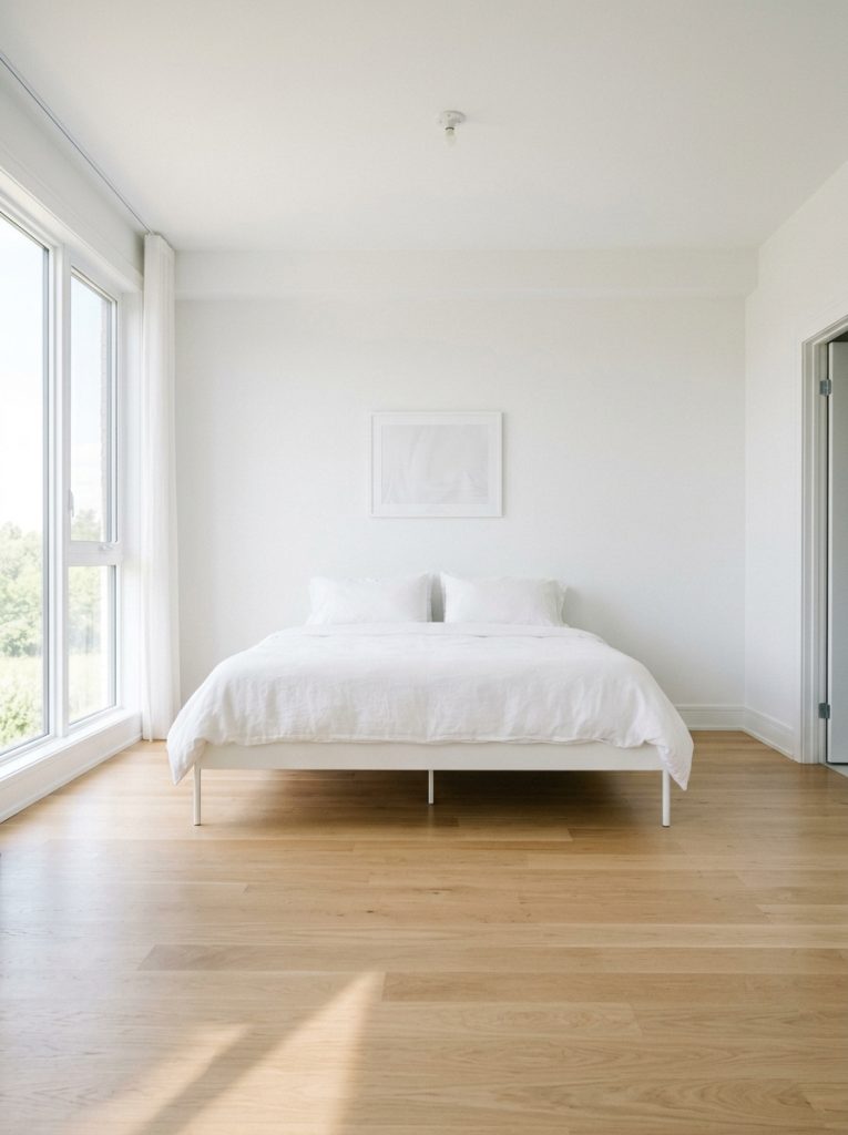 White minimalist bedroom with clear floor space around bed bed frame legs visible open white floor space room feels remarkably spacious and calm