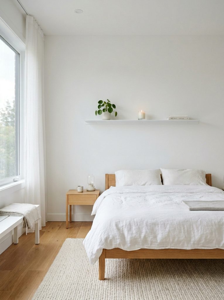 White minimalist bedroom with bare white walls one set of white floating shelves holding single plant candle and book with space between objects clean and intentional