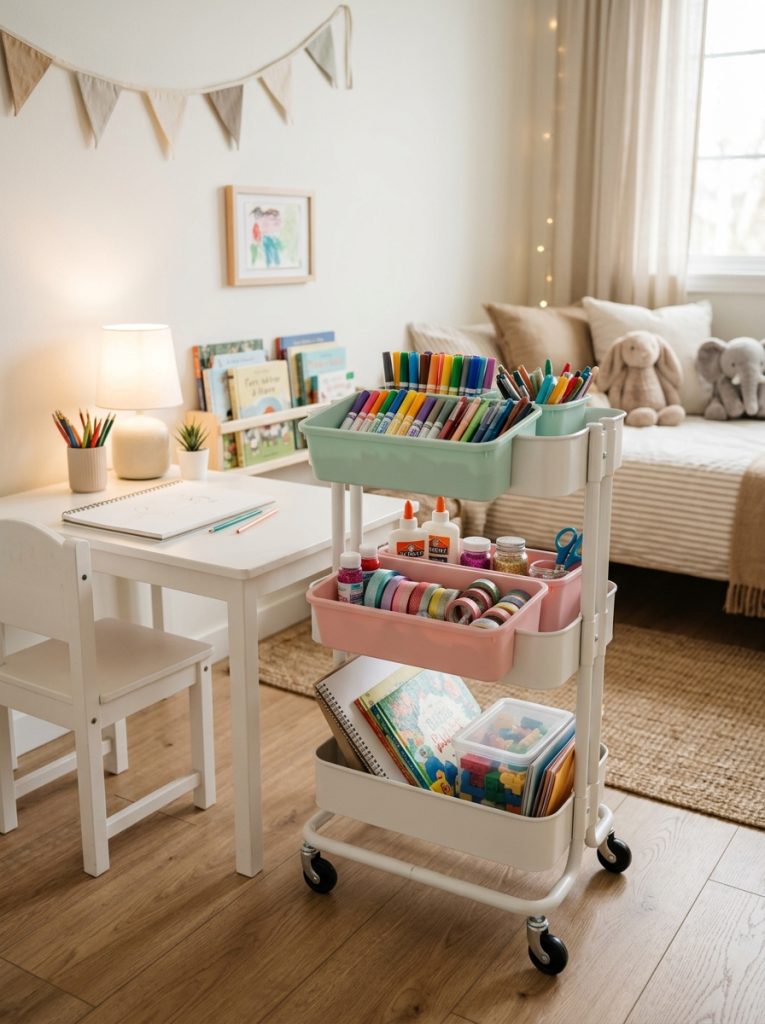 White three tier rolling cart with pastel mint and pink bins beside a kids desk holding art supplies and school materials organized