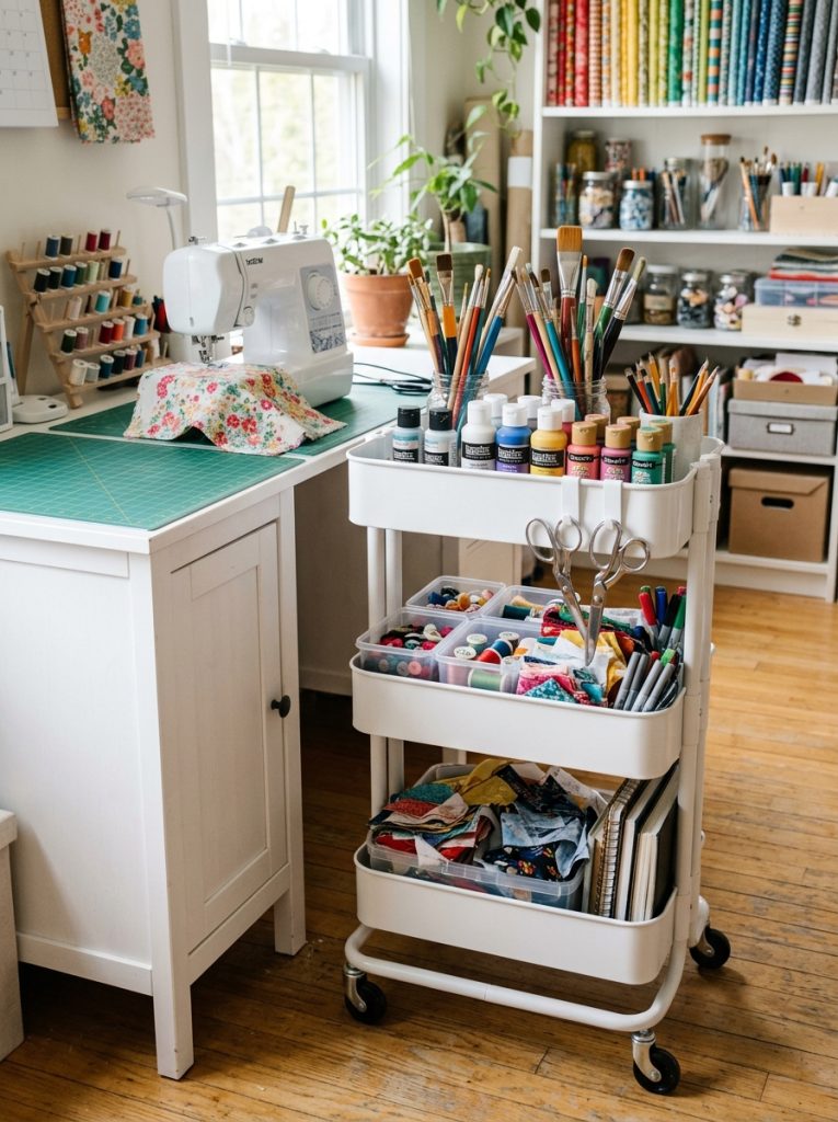 White rolling cart with multiple tiers holding craft supplies paint brushes and fabric beside a white craft desk in a small craft room