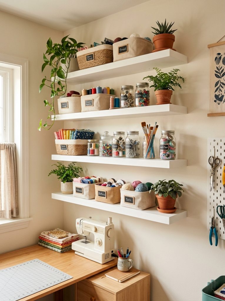 White floating wall mounted shelves in small craft room holding labeled baskets supply jars and small plants at different heights