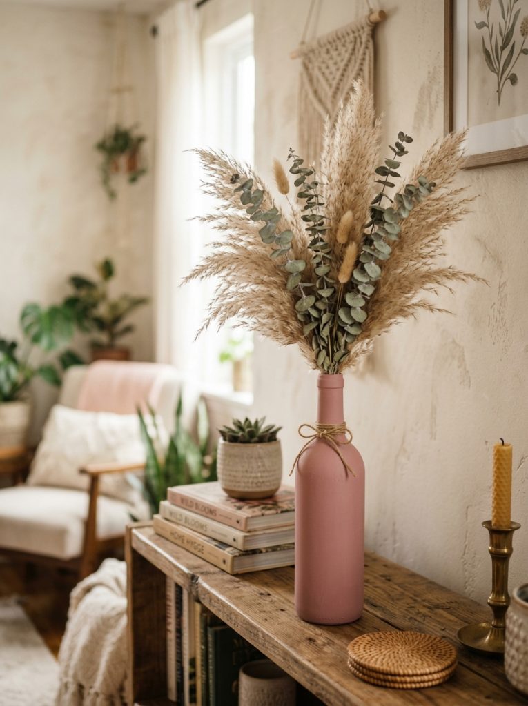 Wine bottle painted dusty rose pink used as a vase with dried pampas grass and eucalyptus for boho DIY home decor