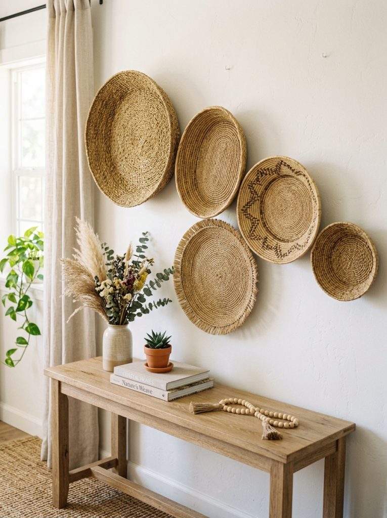 Cluster five woven seagrass wall baskets different sizes arranged loosely white wall above console table overlapping three-dimensional natural texture stunning summer wall display