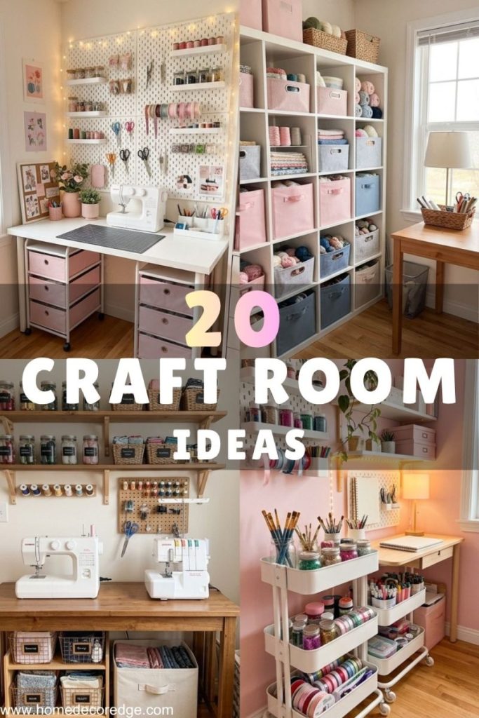 20 dream craft room ideas for small spaces including pegboard walls cube shelving sewing studio setup and aesthetic pink craft nook