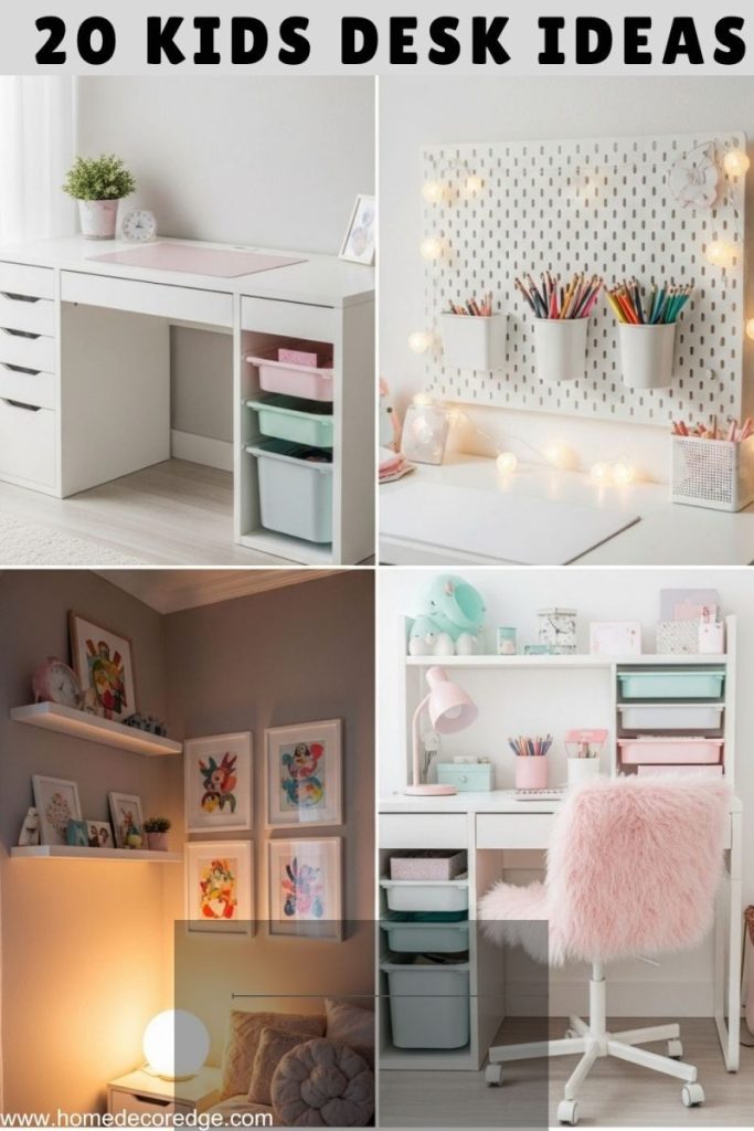 20 kids desk ideas for a cute and organized bedroom nook with pegboard storage floating shelves pastel decor and cozy lighting