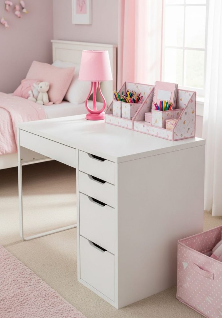 White kids desk with built-in storage drawers in a clean organized pastel bedroom nook