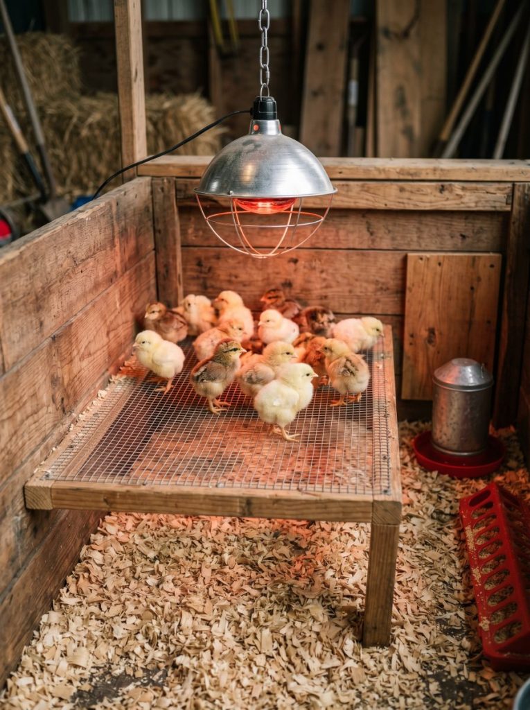 Baby chicks standing on wire mesh brooder poop shelf above pine shavings bedding