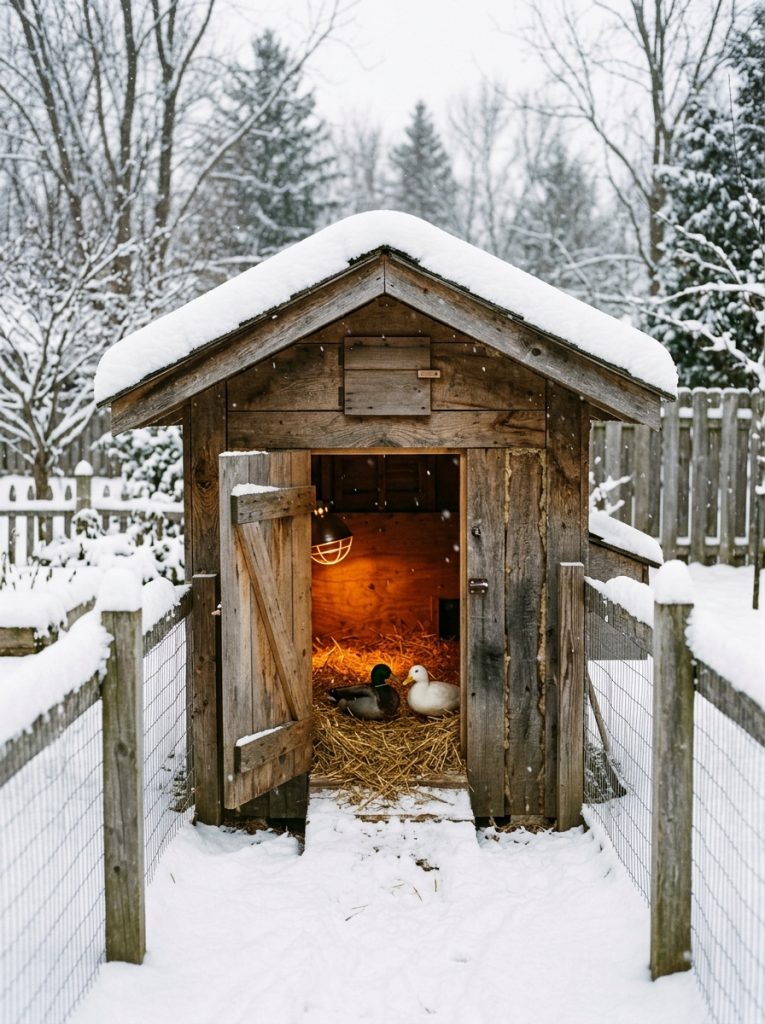 Cozy winter duck enclosure in snow covered backyard with heat lamp glowing inside