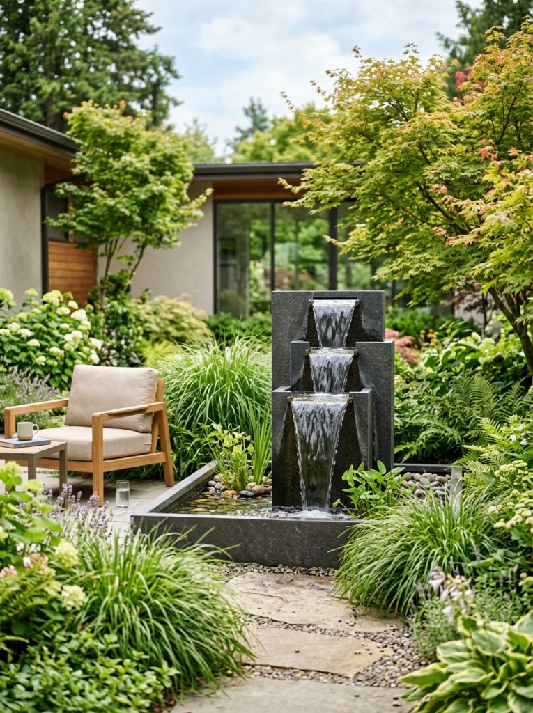 Beautiful aesthetic water fountain with clean geometric lines integrated into aesthetically designed garden with coordinating plants and lighting