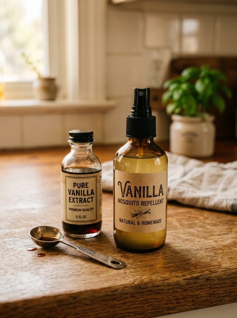 Amber spray bottle of vanilla extract mosquito repellent beside vanilla extract bottle