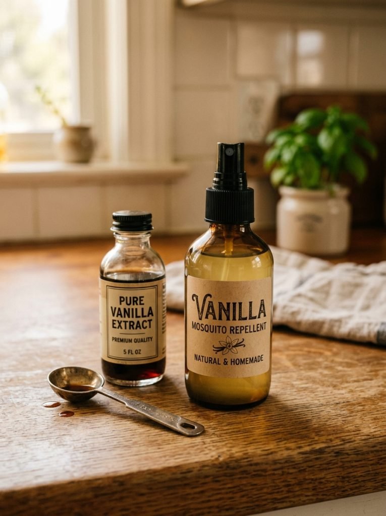 Amber spray bottle of vanilla extract mosquito repellent beside vanilla extract bottle