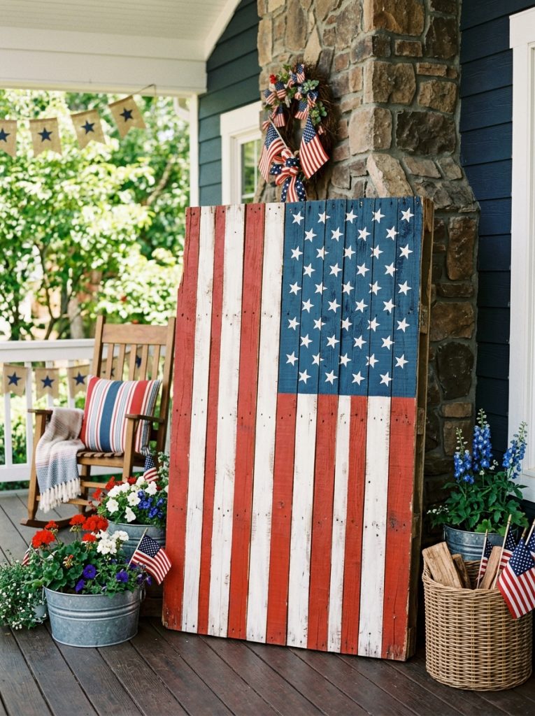 Beautiful 4th of July wood pallet craft with pallet boards painted as large patriotic American flag wall display in red white blue
