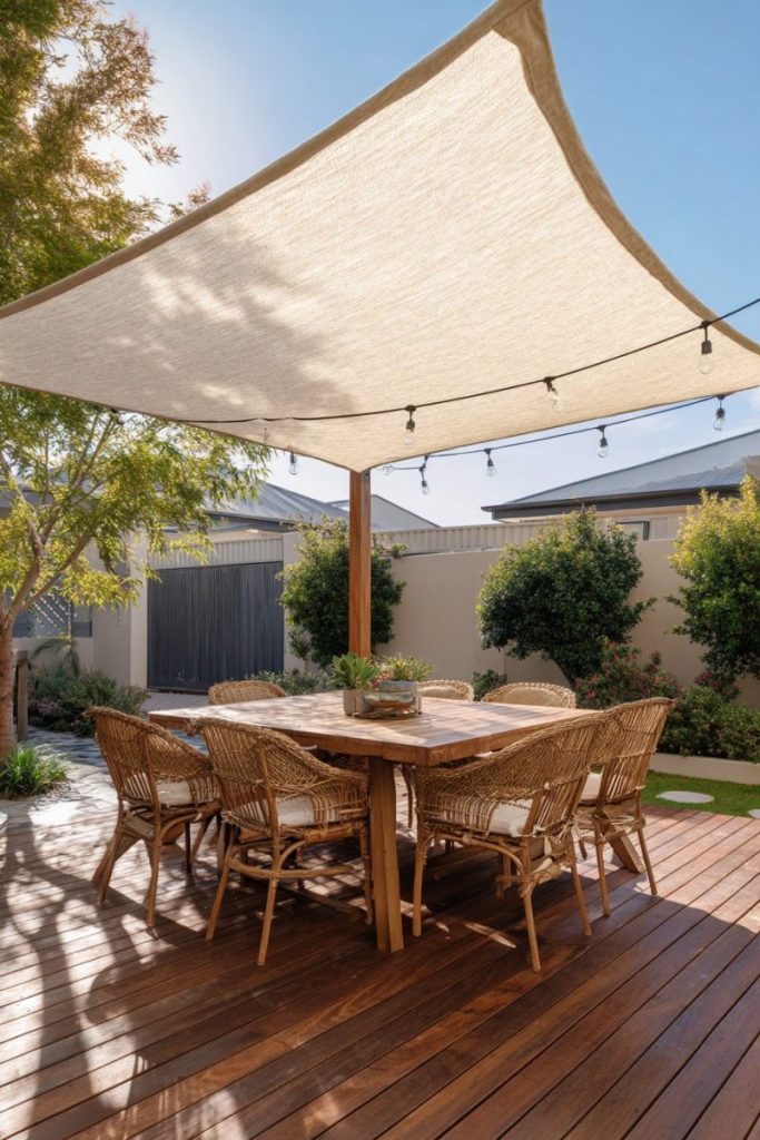Square shade sail over outdoor dining table with rattan chairs backyard