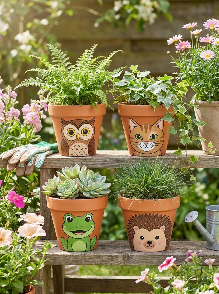  Adorable animal face flower pot DIY planters with owl cat frog and hedgehog face designs planted with appropriate garden plants 