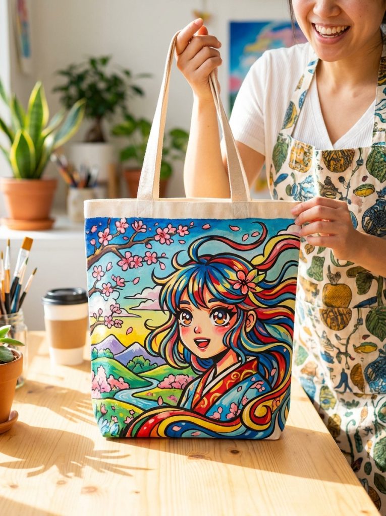 Beautiful anime style painted tote bag with anime-inspired character or landscape in bold colors and characteristic anime line work