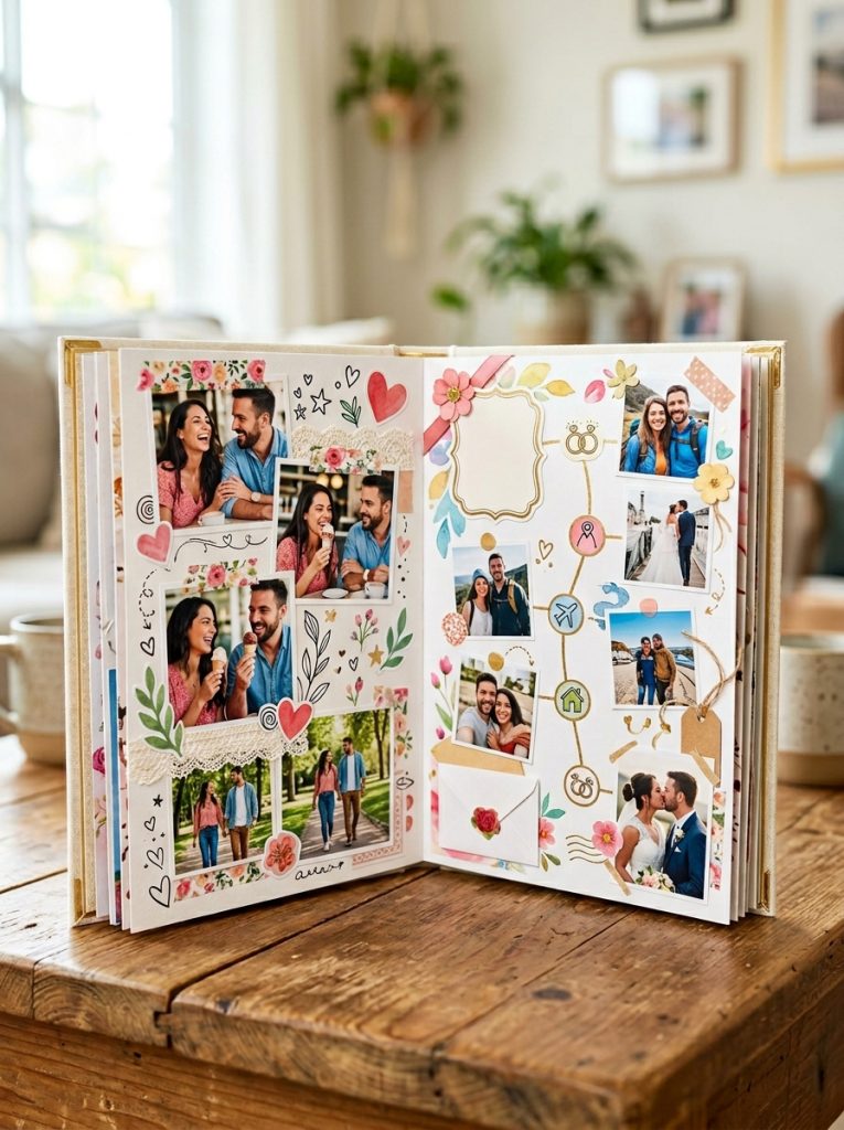 Beautiful wedding scrapbook with wedding photos handwritten vows dried flowers invitation cards and elegant wedding decorative elements