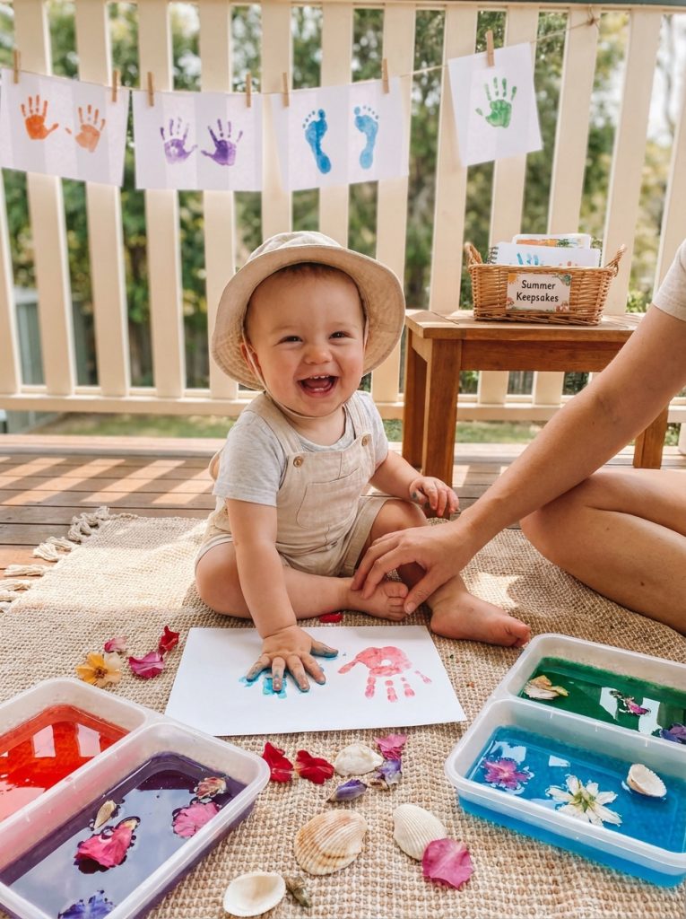  Baby doing safe summer sensory craft with colorful materials creating adorable footprint and handprint summer keepsakes