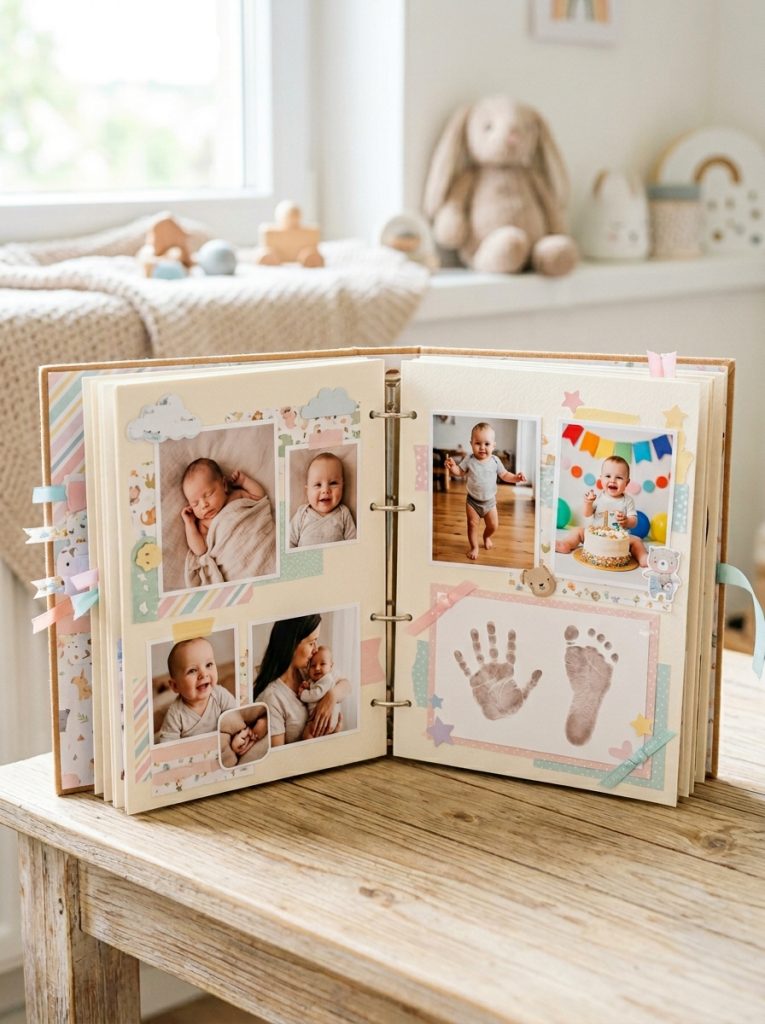 Adorable baby scrapbook with newborn photos milestone pages footprints handprints and sweet pastel baby-themed decorative elements 