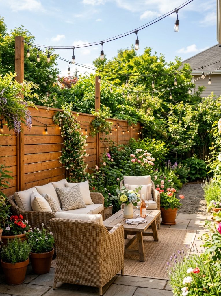 Beautiful backyard fence creating private entertaining space with string lights outdoor furniture in sunny enclosed garden