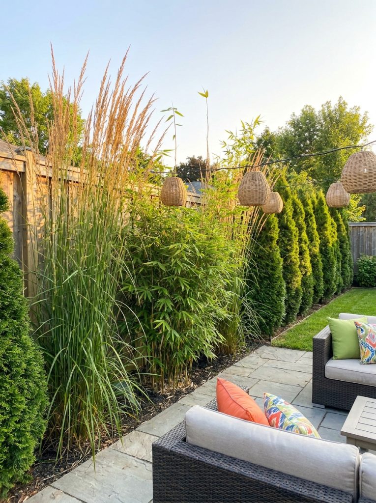 Beautiful backyard landscaping privacy with tall ornamental grasses bamboo and evergreen shrubs along boundary 