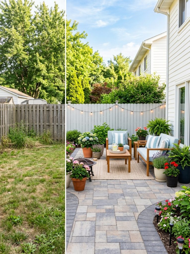 Stunning backyard makeover with new DIY paver patio transforming plain grass into beautiful entertainment space